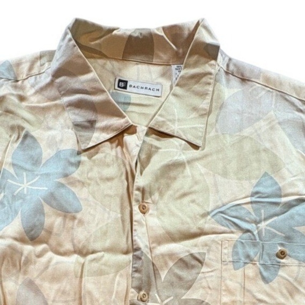 Bachrach Silk Shirt Mens XL Tan Floral Herringbone Short Sleeve Button Down